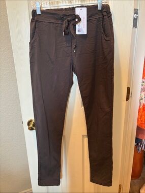 Tina Stephens "Haley" Stretch Tie Waist Pants - Espresso Brown (One Size)